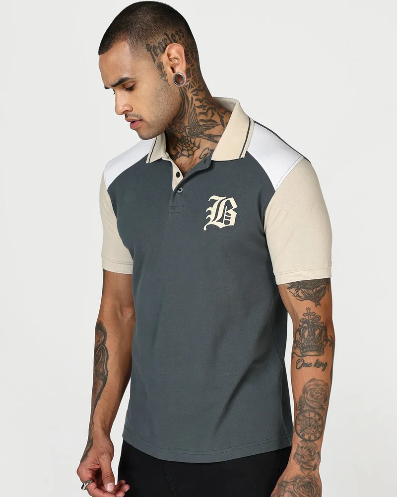 بيواكوف تيشيرت بولو رجالي بألوان متدرجة رمادي داكن وبيج